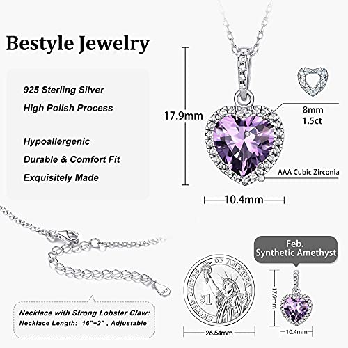 Bestyle Dainty 925 Sterling Silver Cz Heart Diamond Necklace | Classic Silver February Amethyst Birthstone Crystal Necklaces For Women, Great Birthday Gift For Daughter/Wife/Mom/Grandma #TOP5