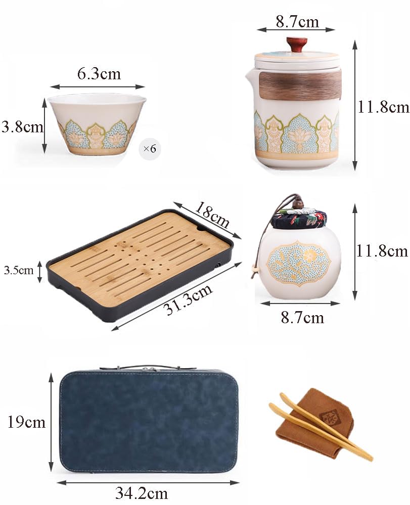 Serwis do herbaty z porcelany, chiński zestaw podróżny do herbaty z 6 ceramicznymi filiżankami, mały dzbanek do herbaty z wbudowanym sitkiem do herbaty sypkiej, elegancki, biały