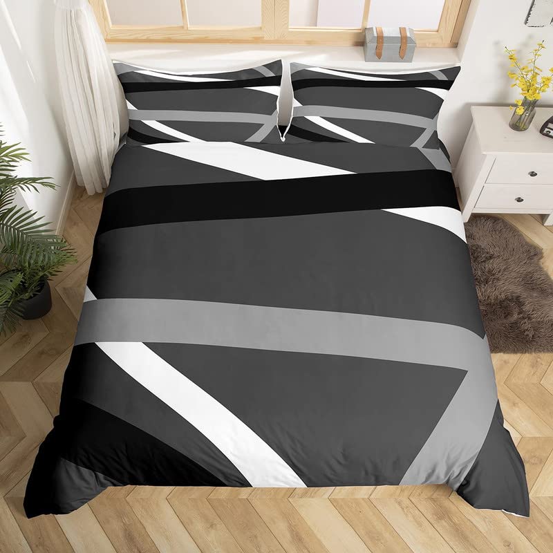 Black Gray White Stripes Bedding Set King Modern Abstract Geometric Comforter Cover Set for Women Men Lines Duvet Cover Breathable Bedspread Cover Quilt Cover