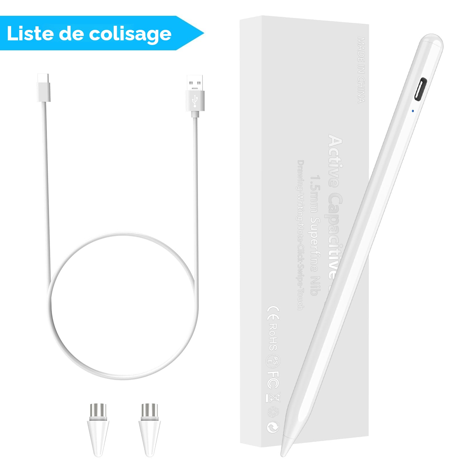 KARFUN Stylet Tablette Android, Stylet Tablette pour Charge Rapide, Fixation Magnétique, Compatible avec Samsung, Xiaomi et Lenovo Etc (Blanc)