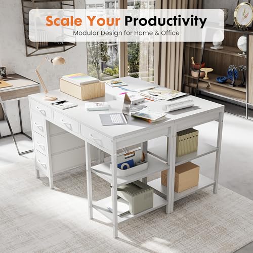 Sweetcrispy 47" Computer Desk with 6 Drawers, Home Office Gaming Desks with Storage Shelves for Bedroom, Writing Study Corner Living Room Work Table White - Image 6