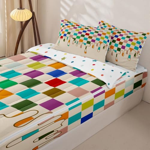 Image of Pastel Checkered Zipper Bedding Set Queen Zip Up Bedding Checkerboard Drip Comforter Set with Sheets,Grunge Aesthetic Modern Geometric Bed in a Bag Bed Sets with 2 Pillowcases Retro 2000S Room Decor