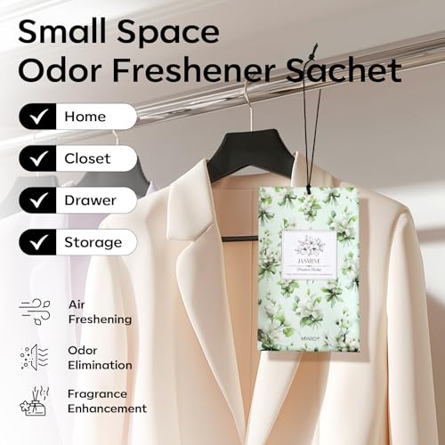 Image of MYARO 20 Pack Jasmine Scented Sachets - Fresh Drawer & Closet Air Freshener Bags, Odor Eliminator for Bathroom, Lingerie Drawers, Car & Travel