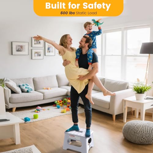 Image of HBTower Folding Step Stool 9 Inch - Holds 600 lb, Non-Slip Surface & Carry Handle - Sturdy Step Stool for Kids, Toddlers & Adults - Compact Foldable Foot Stool for Kitchen, Bathroom, Bedroom(White)