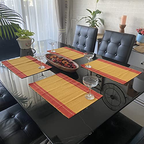 Image of RANGBHAR Handloom Washable Ribbed Cotton Tablemats /Placemats, Set of 4, 12x18, Fade /Heat Resistant, Red Mustard, Striped