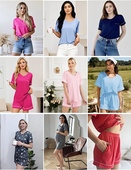 Image of Ekouaer Pajamas for Women Set Short Sleeve Loungewear Soft Pjs Shorts Set | V Neck Sleepwear with Pocket,Comfy Lounge Sets,Comfortable Fit,lightweight,Maternity,Gift,Sleeping & Bedtime,Lounging at Home