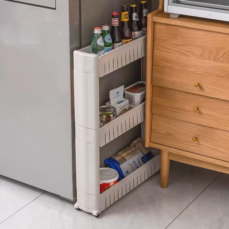 Image of JD FRESH 2-Tier Slim Rolling Storage Organizer Rack /Fridge Side Storage Rack /Plastic Trolley Storage Stand with Wheels /Floor Standing Cabinet for Bathroom and Kitchen Corner Area (White)
