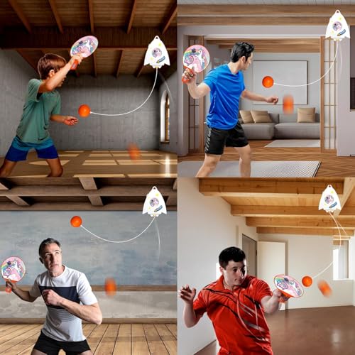 Image of Hanging Table Tennis Trainer for Kids Indoor Self Training Portable Ping Pong Set 10 Pieces 2 Racket 2 Balls 2 Hooks 1 Unicorn Hanger and 2 Unicorn Stickers in 1 Unicorn Box