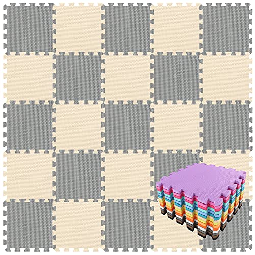 Image of qqpp EVA Rubber 18 Tiles Interlocking Puzzle Foam Floor Mats - Baby Play Mat for Playing | Exercise Mat for Home Workout. Beige, Gray. QC-JLb18N