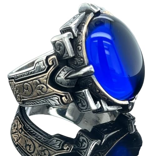 Men Blue Stone Ring, Oval Sapphire Stone Ring, Turkish Handmade Ring, Ottoman Engraved Style Ring, 925k Sterling Silver Ring