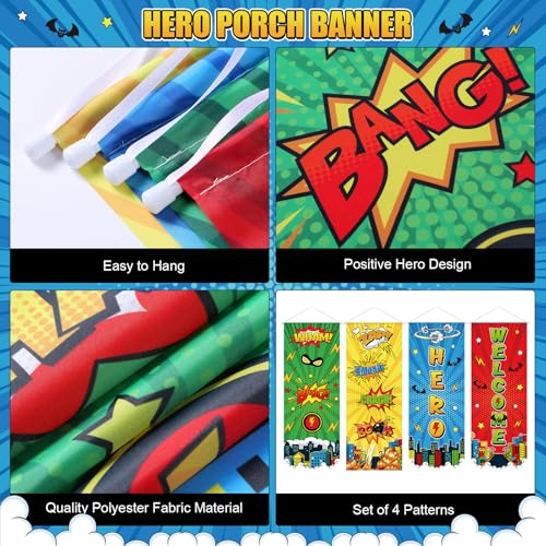 Image of Panelee 4 Pcs Hero Theme Party Banners Hero Party Decorations City Comic Skyline Porch Sign Hanging Door Banner for Cityscape Birthday Backdrop Supplies