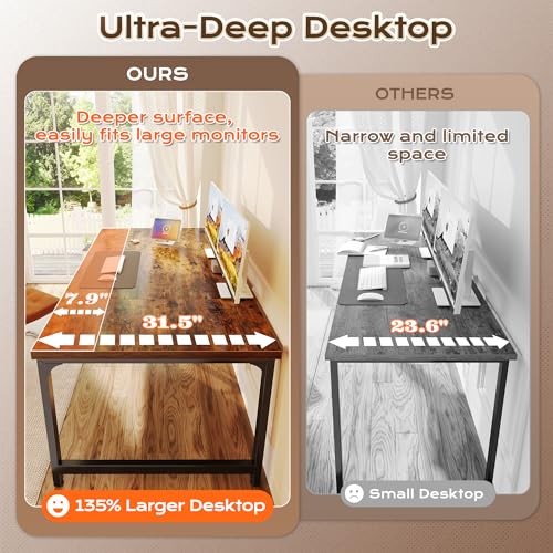 Image of Huuger 63 x 31.5 inch Desk with Power Outlets & USB-C, 0.95 Inch Thicker Desktop, Robust Metal Tubes, Deep Computer Desk, Heavy Duty Office Desk, for Home Office, Rustic Brown