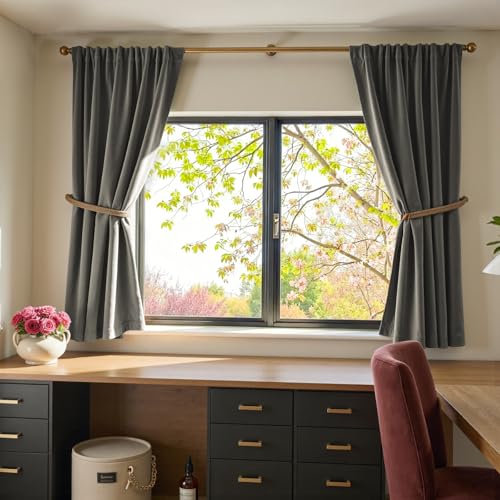 Image of Grey Velvet Curtains Modern Luxury Rod Pocket 42x63 Inch 2 Panels | Soft Velvet, Room Darkening, For Small Windows, Kitchens & Bathrooms, Light Shifting Texture, Elegant Drape, Cozy