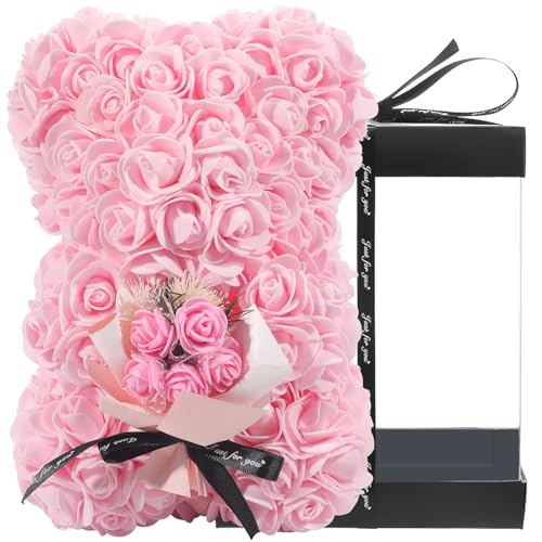 Oso de rosas para el día de la madre, regalo para mamá, oso de peluche de 10 pulgadas, más de 250 docenas de flores artificiales, día de San Valentín, aniversario y despedidas de soltera, regalo