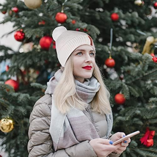 Womens Beanie Hat Circle Scarf Set, Double Layer Thermal Fleece Line Winter Ski Hat Slouchy Knit Cap Outdoor Sports Hats with Faux Fur Pom Pom