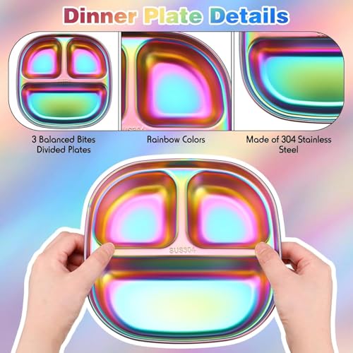Image of Happy Hues Stainless Steel Divided Meal Plate Tray-3 Compartments Dinner Dish for Baby (Rainbow)