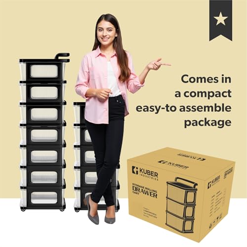Image of Heart Home 7 Layer Heavy Duty Plastic Storage Drawer with Wheels | Modular Cabinet for Bedroom, Office, Home | Chest of Drawers Organiser for Cosmetics, Kitchen items, Toys | Transparent Black