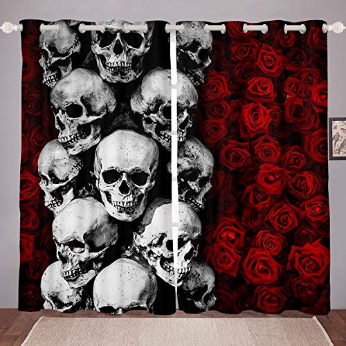 Erosebridal Floral Skull Window Curtains Red Rose Sugar Skull Curtain Panels Boys Girls Gothic Skull Window Drapes Modern Fashion Skeleton Bones Hipster Window Treatments Living Room Decor 42W X84L #TOP14