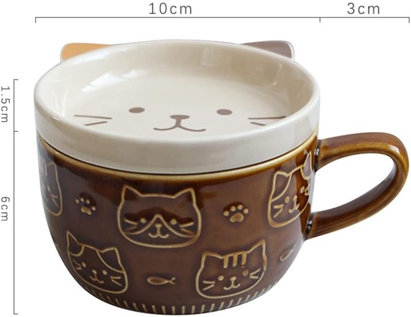 Ceramic Cartoon Cat Mug Cute Breakfast Milk Coffee With Lid Couple Cup(D)