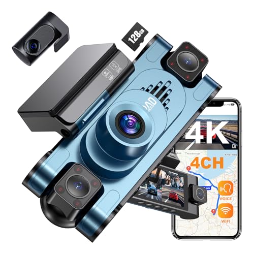 Image of 4K DashCam for Cars,4 Channel Car Dash Cam Front and Rear Inside with Voice Control,5G WiFi GPS, Night Vision, G Sensor, WDR, 24 /7 Parking Mode Free 128G Card Loop Recording (Blue)