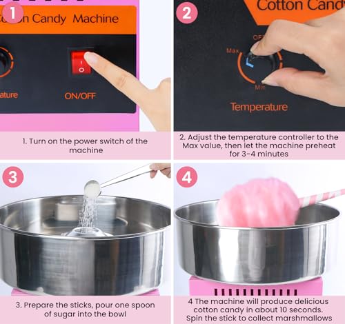 Image of Cotton Candy Machine Commercial, 1000W Electric Cotton Candy Maker Machine, Candy Floss Machine with Stainless Steel Bowl and Sugar Scoop for Kids Birthday, Family Party