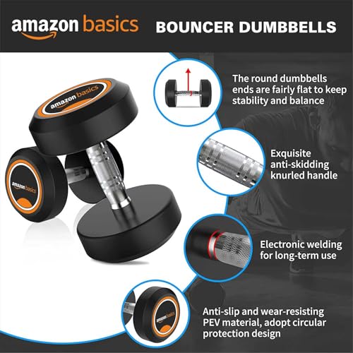 Image of Amazonbasics Professional Rubber Coated 10 Kg Bouncer Dumbbells Set for Full Body Workout (Set of 2, 5 Kg), Multicolor