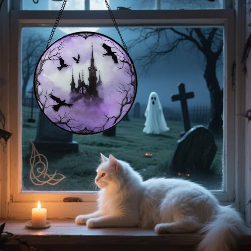 Image of Stained Glass Window Hanging - Halloween Gothic Castle Purple Smoke Suncatcher for Doors Garden Home Spooky Crow Sun Catchers Gothic Decor Horror Gift for Women Men Friend Boy Girl 7.8 in