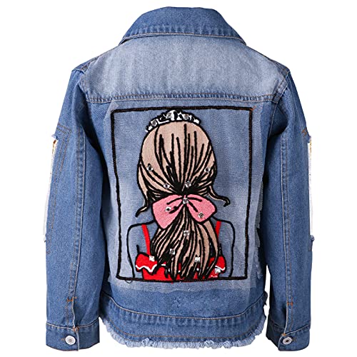 L SERVER Veste en Jean Blouson Bébé Fille Enfants Manteau en Jean Bleu Fleur Outwear Manches Longues Jacket Top Vêtement, Bleu, 11-12 ans Cover