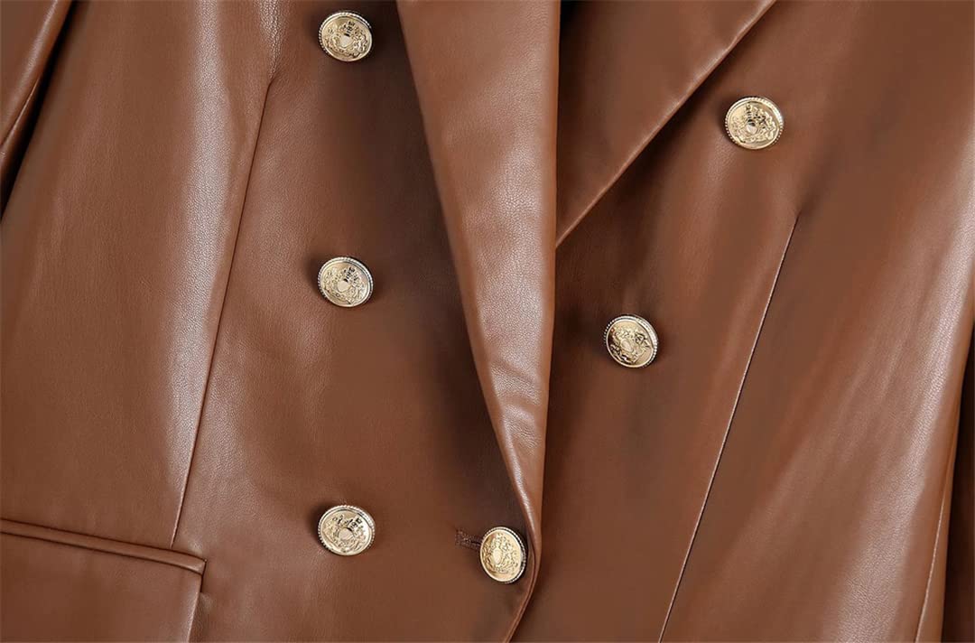 Moda damska z guzikami sztuczna skóra marynarka płaszcz vintage długi rękaw klapka kieszenie damski płaszcz S