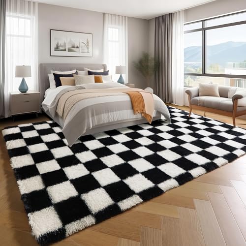 Image of KICMOR 8x10 Area Rugs for Living Room, Large Fluffy Soft Black and White Checkered Shag Shaggy Bedroom Carpets, Indoor Big Fuzzy Plush Rug for Kids Boys Girls Teen Dorm Nursery Home Decor Aesthetic