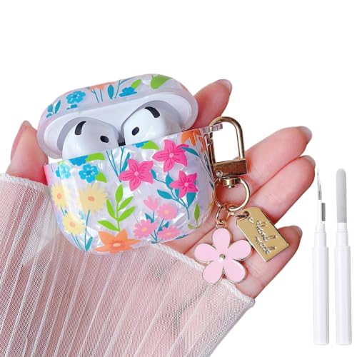 Image of MINSCOSE for Glitter AirPods 4 Case,Cute Shell Pattern Flower Design with Floral Keychain,Soft TPU Anti-Drop Shockproof Cover with Cleaner Kit for Women Girls for AirPods 4-Colorful