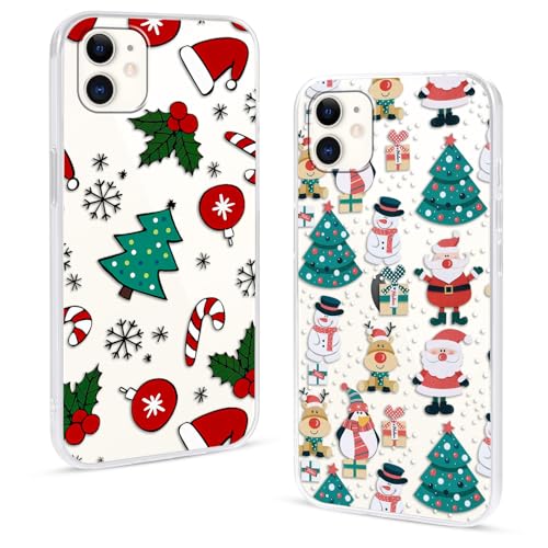 2 Pezzi Natale Cover per Apple iPhone 11 6.1Albero con Cervo Babbo Regali Fiocco di neve Natalizie Carino Pupazzo di neve di Christmas Regalo Antiurto Protezione Case1 donna