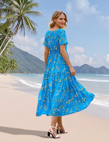 Image of YESNO Women's Summer Maxi Dresses Casual Floral Short Sleeve V Neck Boho Beach Vacation Swing Dress with Pockets EVF