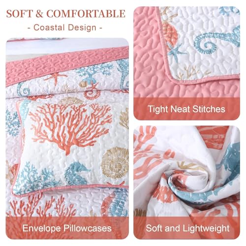 Heymybed Coastal Quilt Set Queen Size, 3 Pieces Pink Bedspread Coverlet with 2 Pillow Shams, Soft Microfiber Reversible Summer Beach Quilt Bedding Set for All Season 96"×90" - Image 6