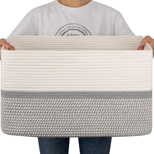 Image of OIAHOMY Large Blanket Basket, 22”x17”x12” Rectangle Woven Baskets, Nursery Blanket Storage Living Room, Toy Storage With Handle, Large Baskets for Organizing-Grey/White
