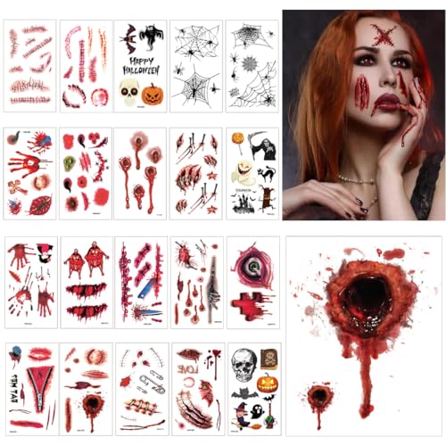 21 hojas de tatuaje de Halloween, heridas Tatuaje de Cicatriz Cicatrices de Zombis de Halloween Tatuajes Temporales para Niños Adultos
