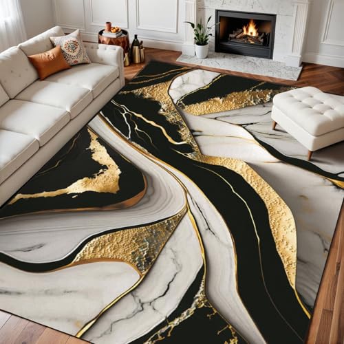 9x12 Area Rugs for Bedroom Black and White Gold Liquid 3D Abstract Marbled Golden Inlay Veins Lines Washable Rug for Living Room Carpet for Dining Room Soft Rubber Backed Non-Slip Carpets