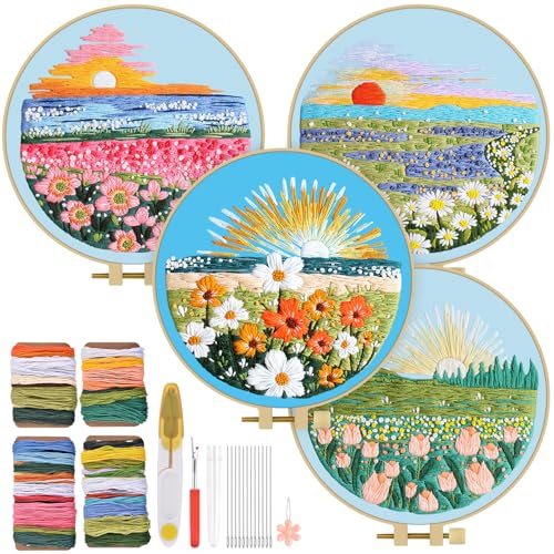 Image of TINDTOP Embroidery Kit for Adult, 4 Pack Cross Stitch Practice Kits for Beginners Include Embroidery Cloth Hoops Threads for Craft Lover Hand Stitch with Embroidery Skill Techniques | for Beginners Include Embroidery Cloth Hoops Threads for Craft Lover Hand Stitch with Embroidery Skill Techniques