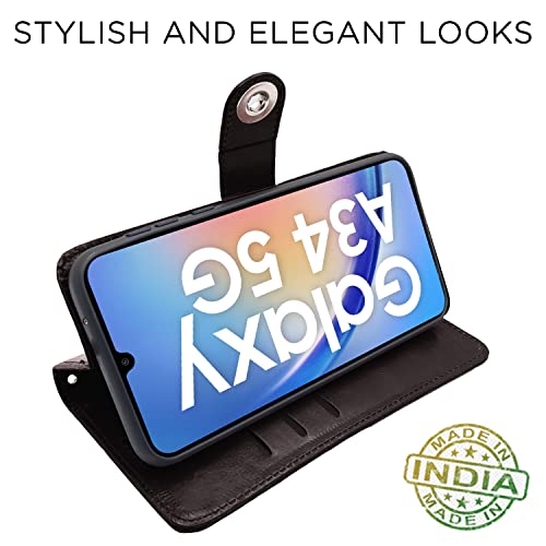 Image of Pikkme Samsung Galaxy A34 5G Flip Cover Leather Finish | Inside TPU with Card Pockets | Wallet Stand and Shock Proof | Complete Protection Button Flip Case (Coffee)