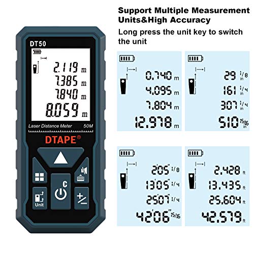 Laser Measure 165ft, DTAPE DT50Laser Distance Meter 50M, Portable Handle Digital Measure Tool Range Finder, Larger Backlit LCD 4 Line Display IP54 Shockproof