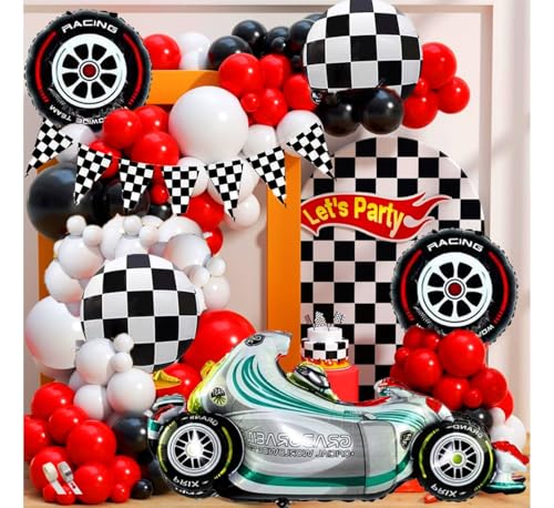 Image of Pop The Party Racing Car Theme Birthday Decoration Kit For Boys - 38 Pieces With Black and White Checkered Racing Flags