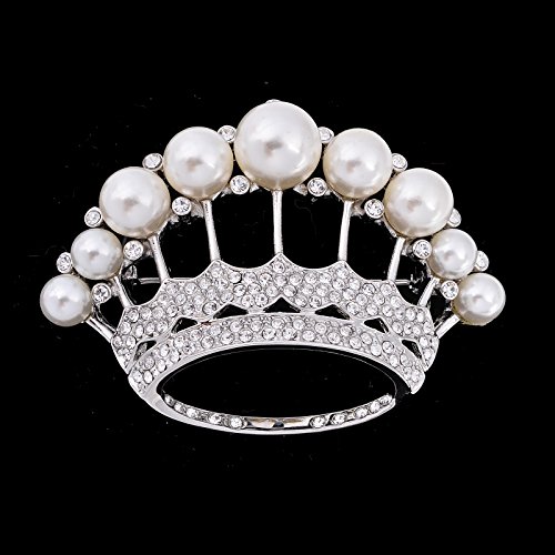 Image of Large Gold Tone Crystal Queen Crown Pin Brooch With Pearl Wedding Bridal Pin