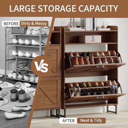 Image of Shoe Cabinet with 2 Flip Drawers, Freestanding Hidden Shoe Storage Organizer for Entryway, Narrow Slim Shoe Rack Cabinet with Open Storage & Hooks for Front Door Entrance, Living Room, Hallway, Walnut