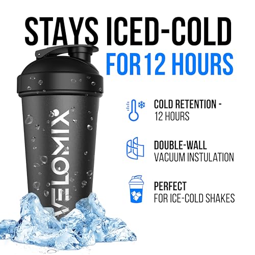 Image of VELOMIX 24 oz Stainless Steel Shaker Bottle with Wire Whisk - Leakproof, No Clumps, Odor Resistant Metal Shaker Bottle, Insulated Shaker Cups for Protein Shakes, Pre Workout and Smoothie (Black)