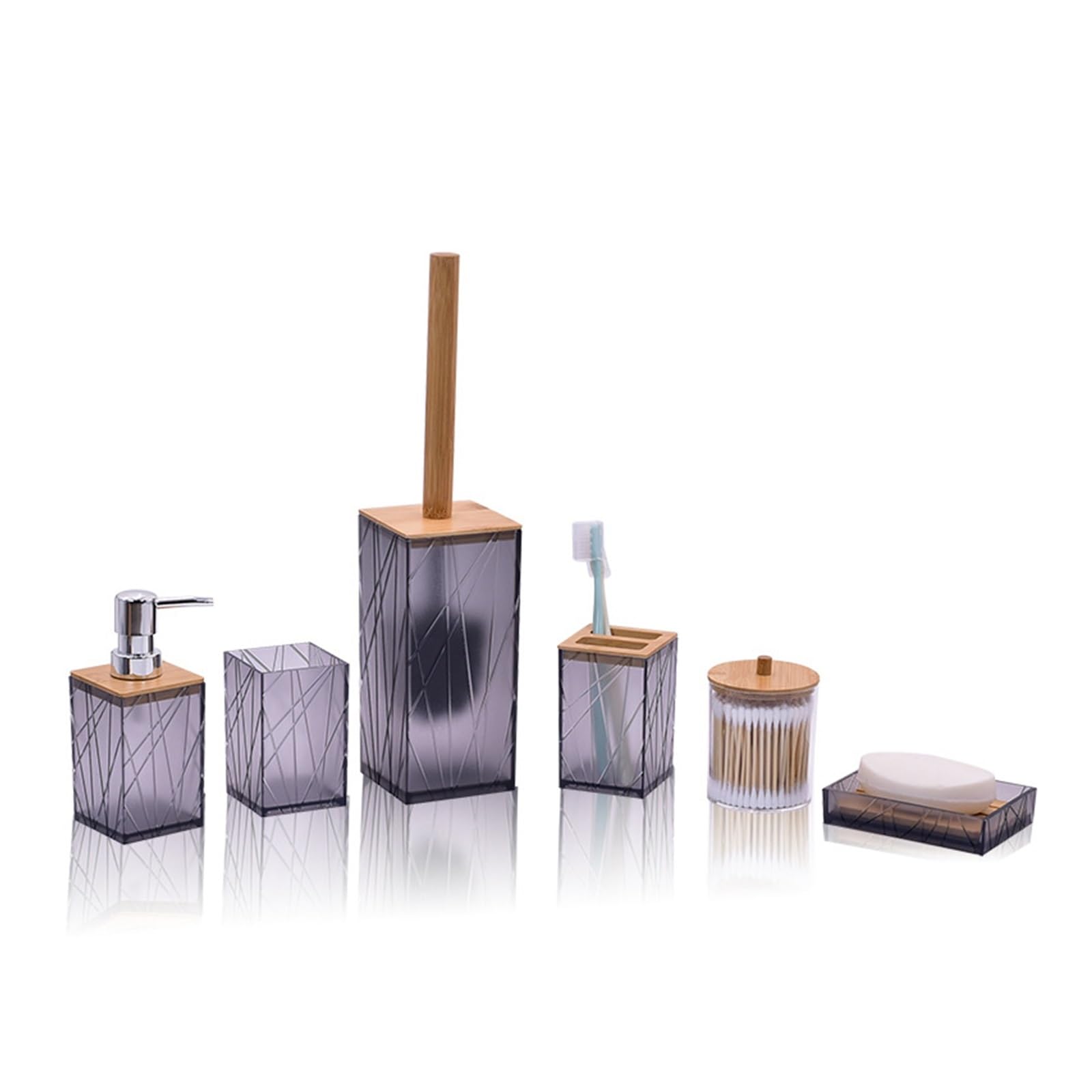 Bathroom Soap Dispenser Set Plastic Bathroom Accessories Set Toilet Brush Soap Dispenser Mouthwash Cup Toothbrush Holder Dish Cotton Swab Box(T229-6 grey)