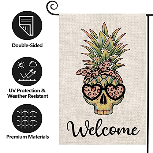 Texupday Welcome Pineapple Skull With Sunglasses Decoration Double Sided Burlap Garden Flag Summer Farmhouse Beach Party Outdoor Yard Flag 12" X 18" #TOP1