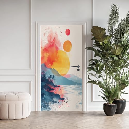 Ruisseau de Montagne Sticker Mural, Aquarelle Nature Autocollants De Porte Muraux Décoration Poster Murale, Oriental Chinois Stickers de Porte Imperméable...