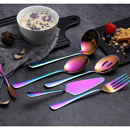 Rainbow Serveerlepels Set 6 Stuks, Serveergerei Set Inclusief Taartschep Sleuf Lepel Serveerlepel Serveervork Pollepel Botermes Spreader Serveerset Vaatwasmachinebestendig - Afbeelding 7