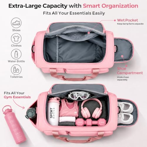 Image of FIORETTO Women's Gym Duffle Bag with Shoes Compartment, 30L Capacity, Ideal for Travel, Gym, Sports, Duffel, Weekender