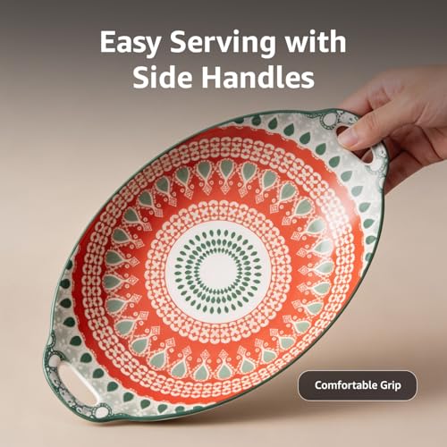 Image of Amazon Basics Mandala Ceramic Long Dish with Handles (10.8 Inch) - Elegant Oval Serving Platter for Snacks, Appetizers, Salads, and Noodles | Microwave & Dishwasher Safe (Red & Green)